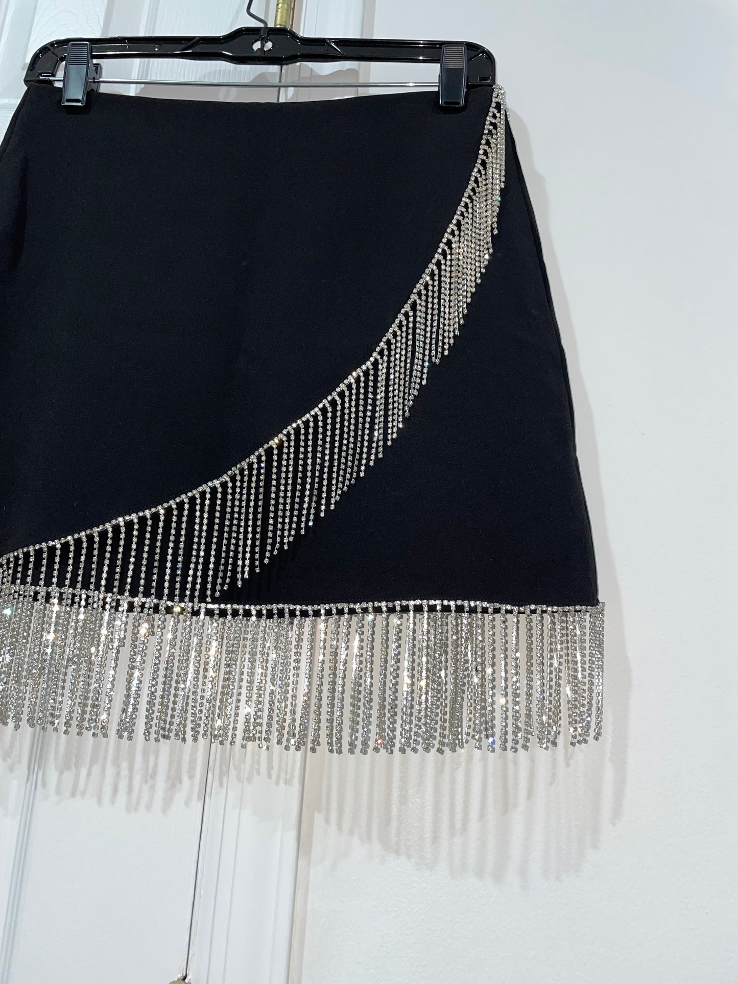 FORE Women's Rhinestone Fringe Black Mini Skirt Size Small $98