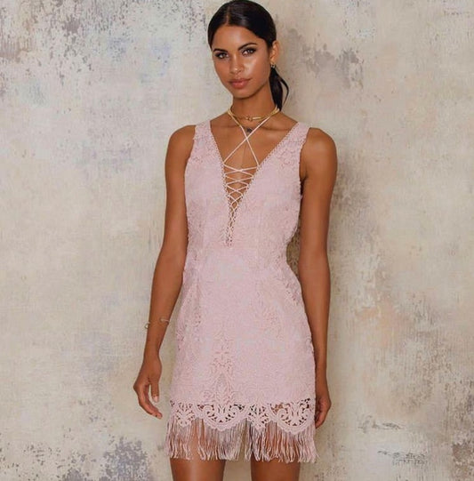 SAYLOR Elana Pink Lace V-Neck Mini Dress With Fringes Size XS