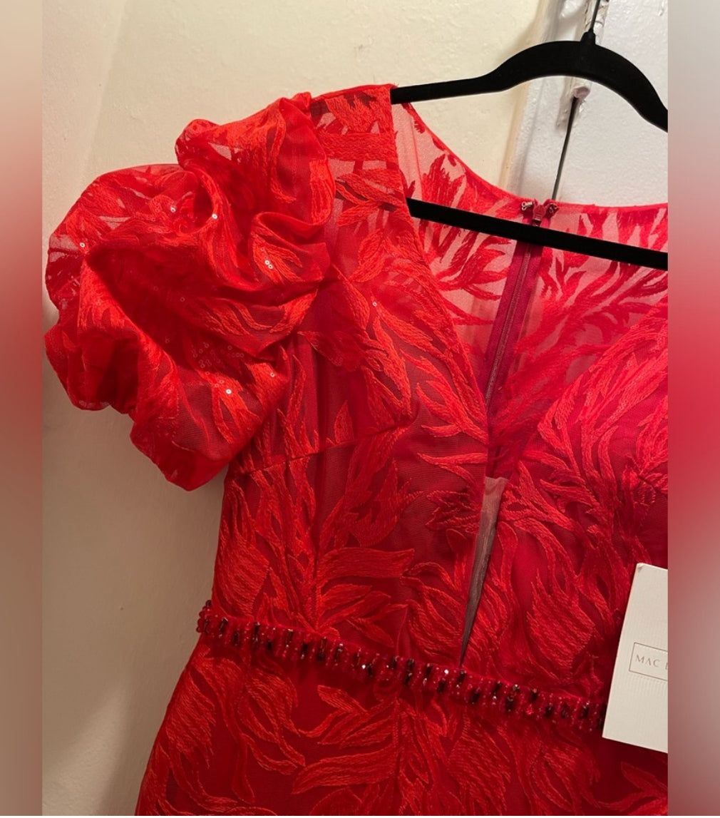 NWT MAC DUGGAL 12421 Red Embellished Puff Sleeve Plunge Neck Trumpet Gown Size 8