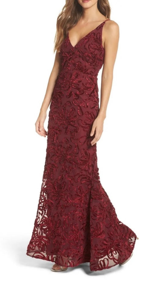 XSCAPE Flocked Velvet Mesh Formal Evening Gown Mermaid Dress Wine Red Sz 8 $258