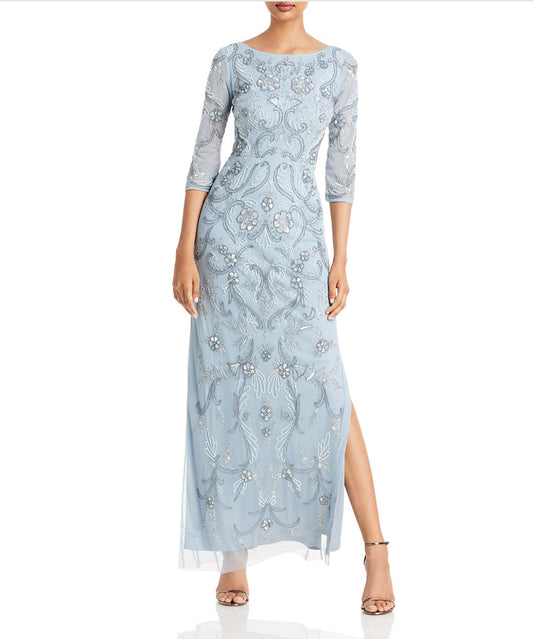 Aidan Mattox Light Blue Fully Beaded Gown Maxi Column Dress Size 4 $495