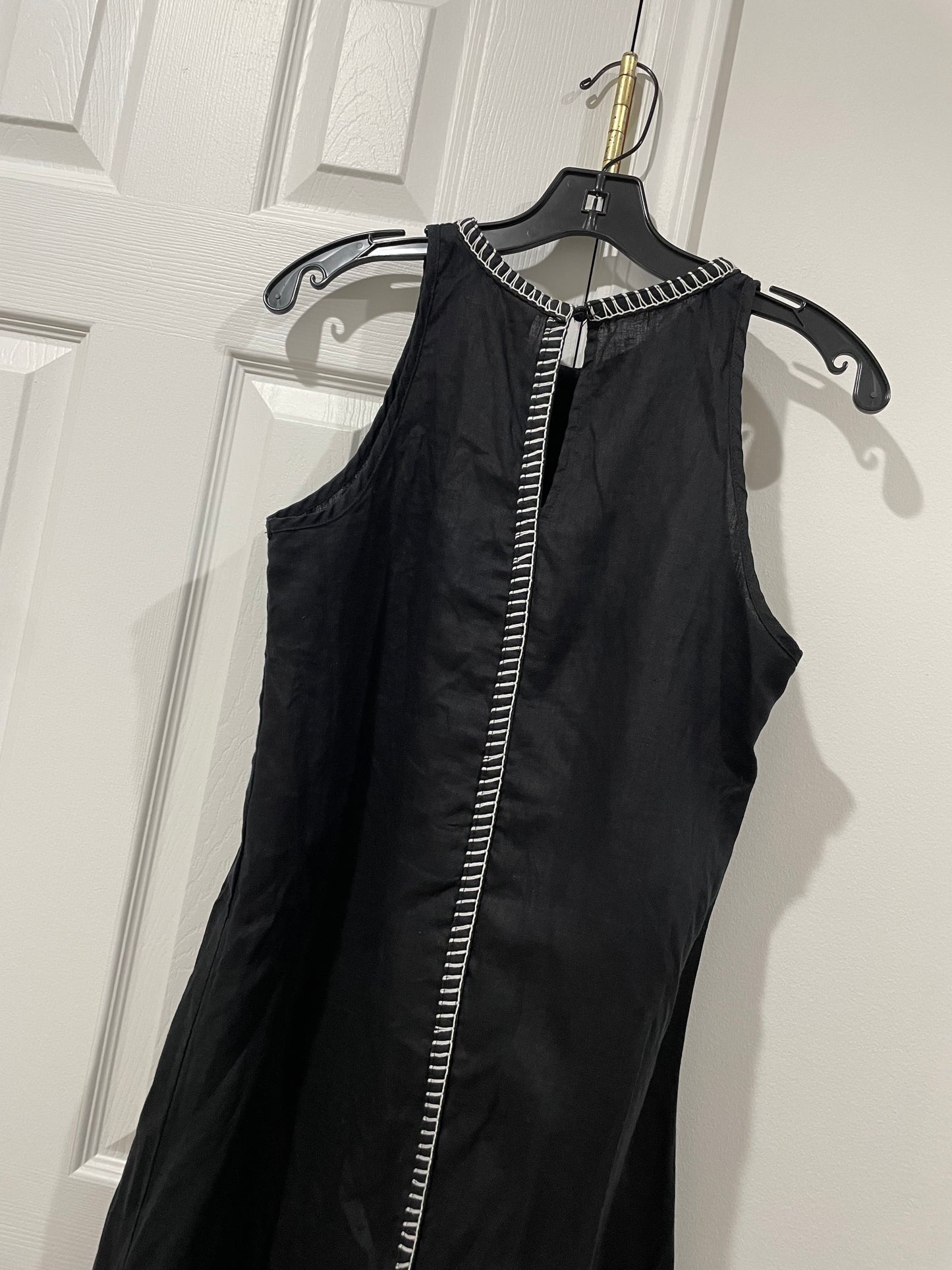 Magaschoni 100% Linen Black Long A-Line Dress White Whipstitch Trim Size 6 $198