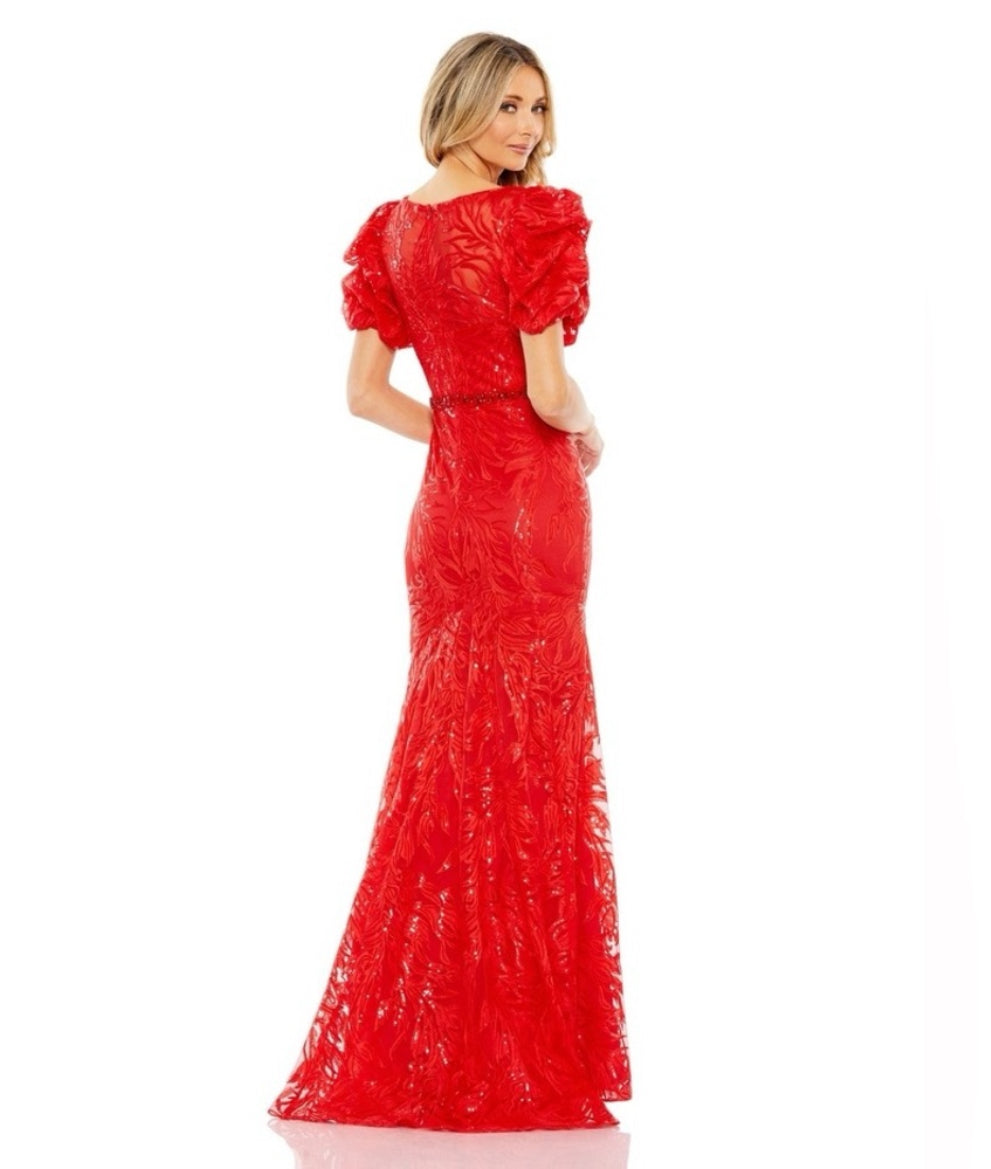 NWT MAC DUGGAL 12421 Red Embellished Puff Sleeve Plunge Neck Trumpet Gown Size 8