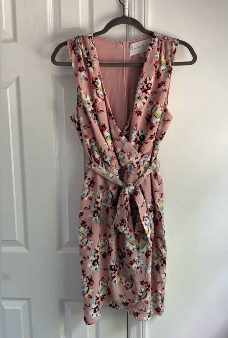 Charles Henry Blush Floral Sleeveless Faux Wrap Belted Mini Dress Size XS $88