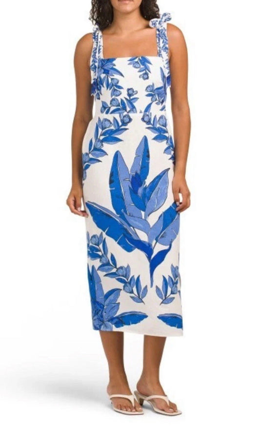 Calypso St. Barth Linen Blend Tropical Floral Midi Sheath Dress Size XS