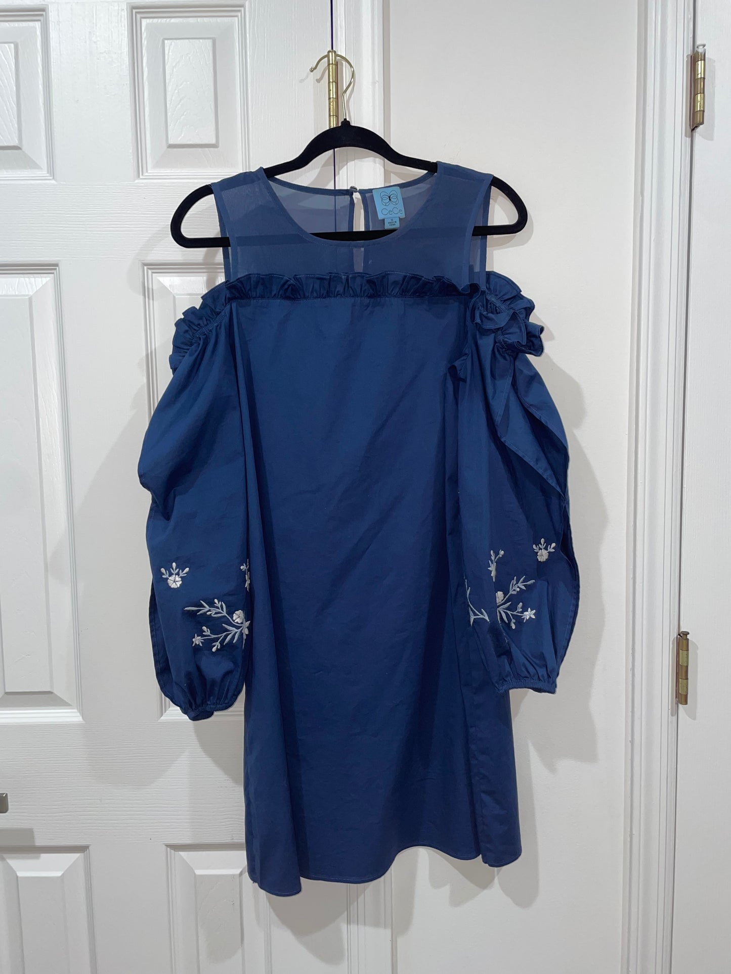 CeCe Cold Shoulder Navy Blue Embroidered Long Sleeve Shift Dress Size 10