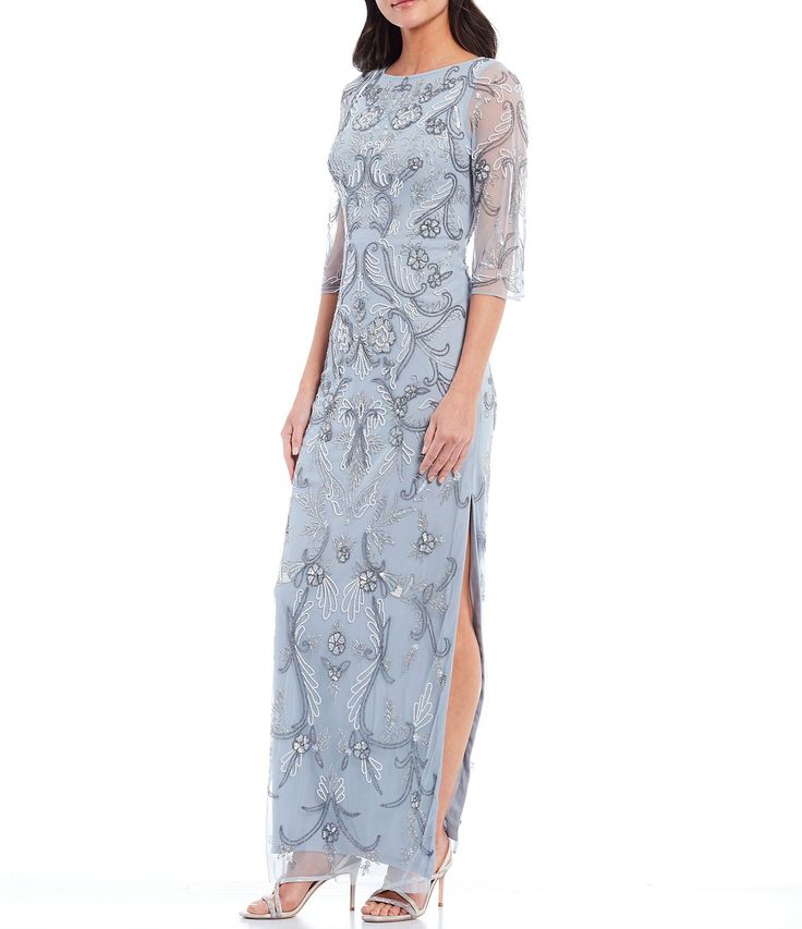 Aidan Mattox Light Blue Fully Beaded Gown Maxi Column Dress Size 4 $495