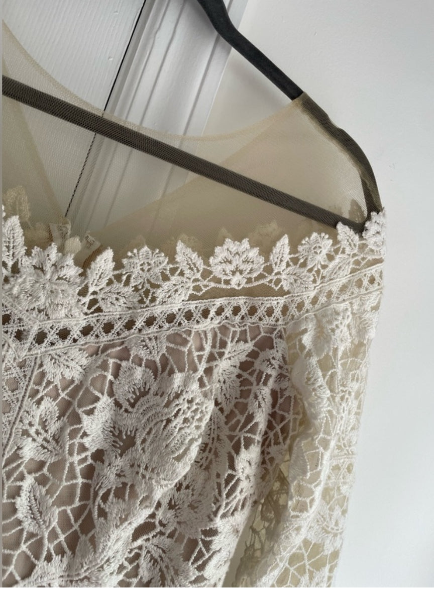 Tadashi Shoji Crochet Bodice Lace Gown Formal Dress Illusion Neckline Size 6