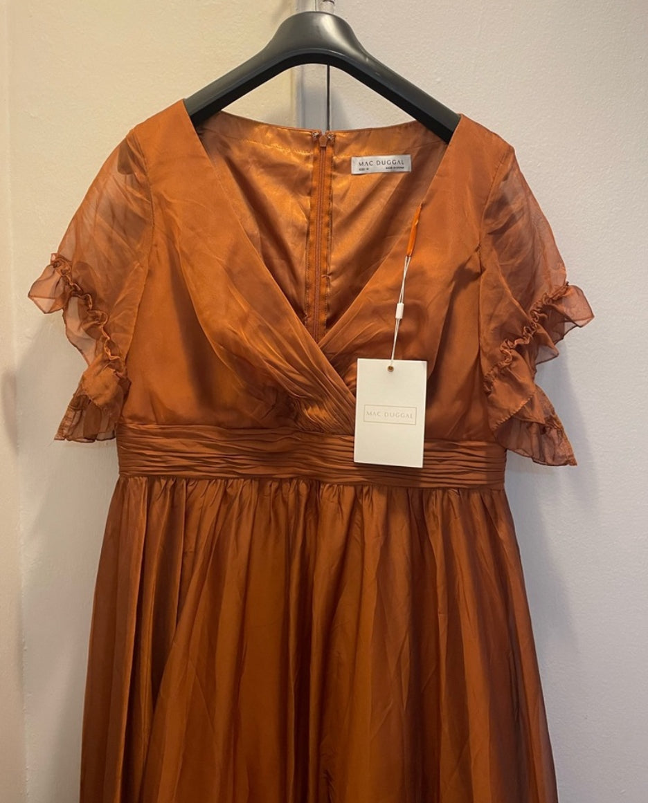 NWT Mac Duggal Ruffle-Trim Midi Dress Flutter Sleeves Rust Colored Size 16 $498