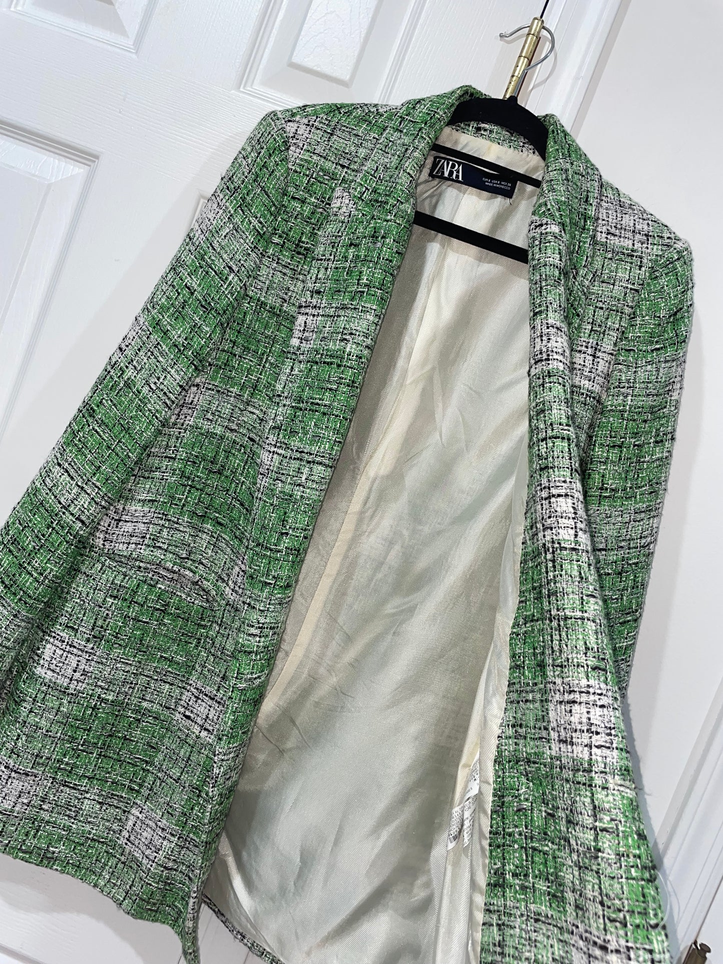 Zara Green Plaid Tweed Oversized Blazer Jacket Blogger’s Fave Size Small