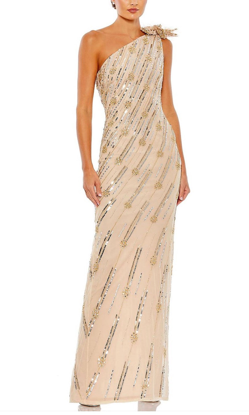 NWT Mac Duggal Nude/Gold Embellished Floral Gown One Shoulder Size 8 $498 93739
