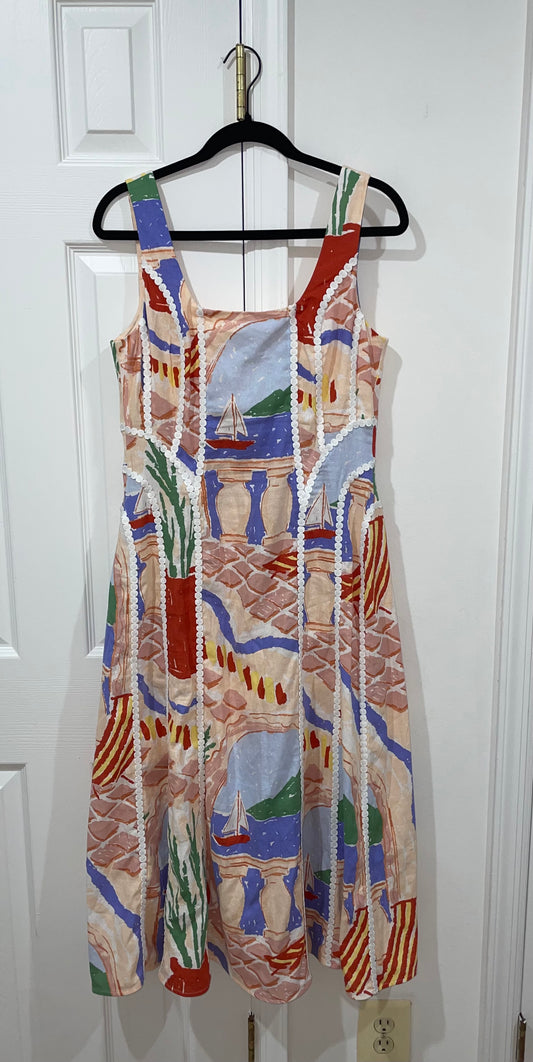 Christian Lacroix Linen Blend Scenic Coastal Print Maxi Dress Size Small