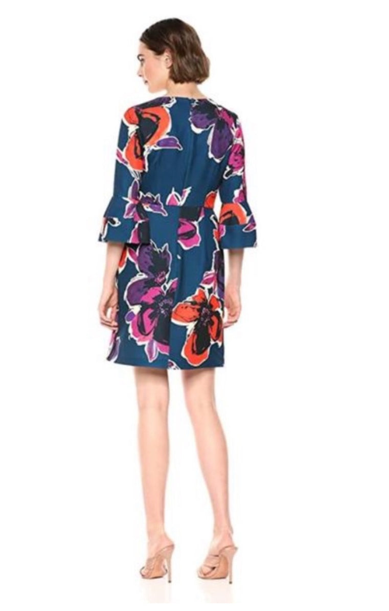 Trina Turk Mamie Blue Floral Bell Sleeve V-Neck Dress Size 0 $168