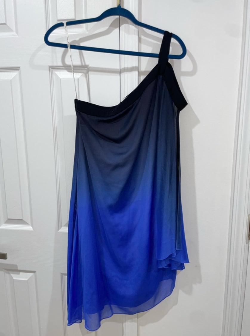 Halston Heritage Blue Ombré Chiffon Dress One Shoulder Size 8 $395