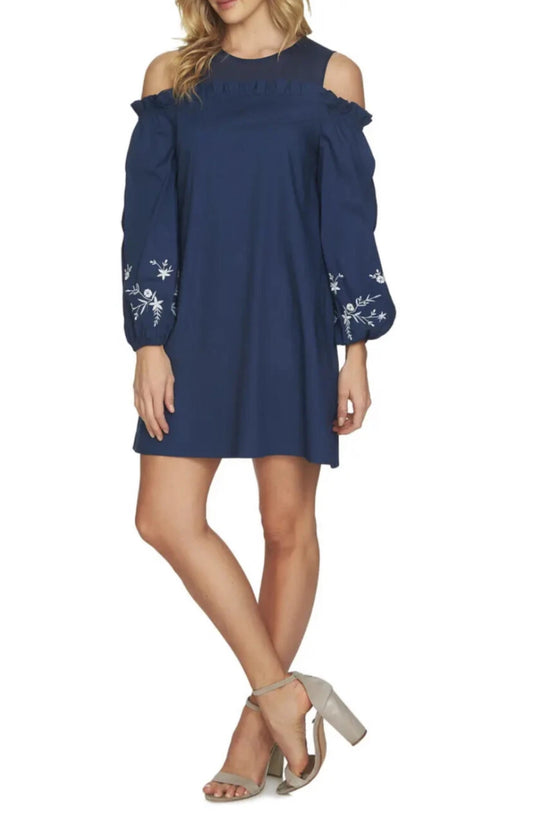 CeCe Cold Shoulder Navy Blue Embroidered Long Sleeve Shift Dress Size 10