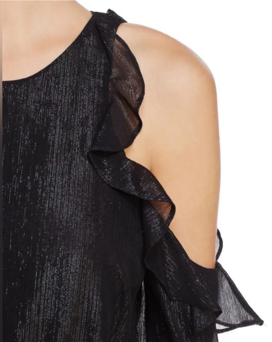 ASTR The Label Analesse Cold Shoulder Black Shimmer Bodysuit Top Sz Medium