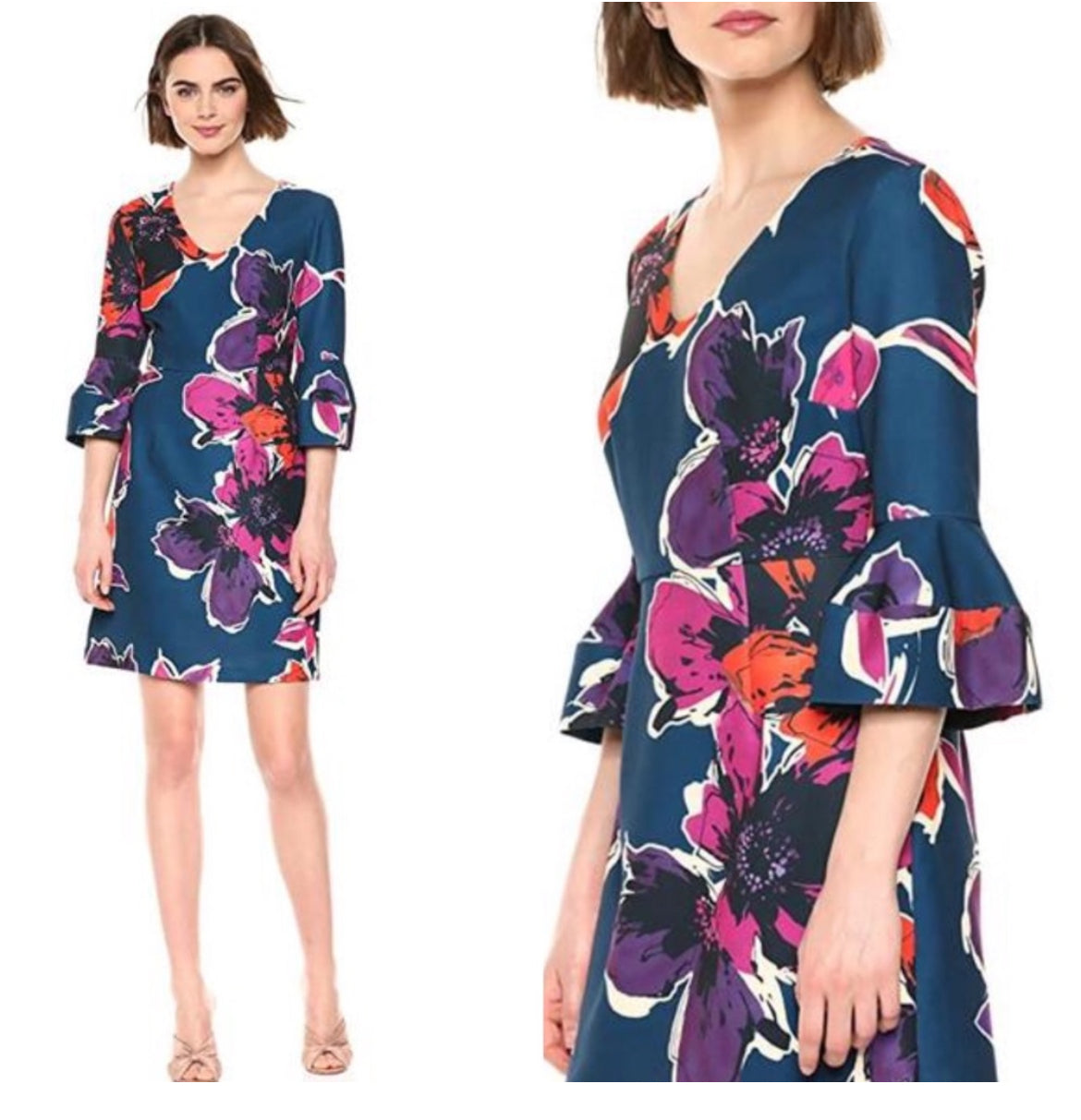 Trina Turk Mamie Blue Floral Bell Sleeve V-Neck Dress Size 0 $168