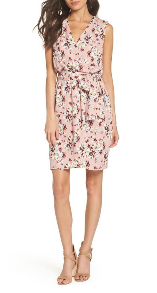 Charles Henry Blush Floral Sleeveless Faux Wrap Belted Mini Dress Size XS $88