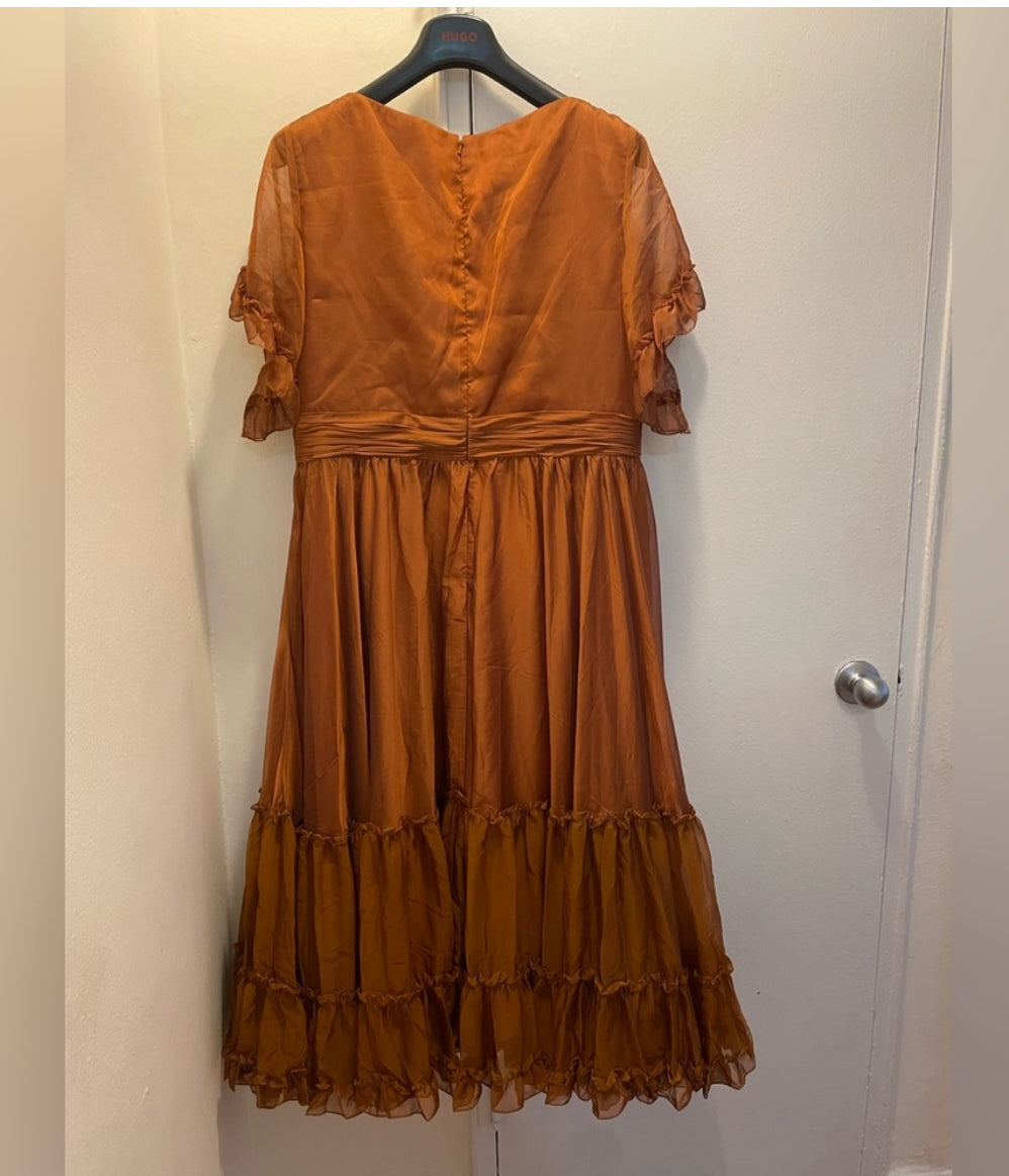 NWT Mac Duggal Ruffle-Trim Midi Dress Flutter Sleeves Rust Colored Size 16 $498