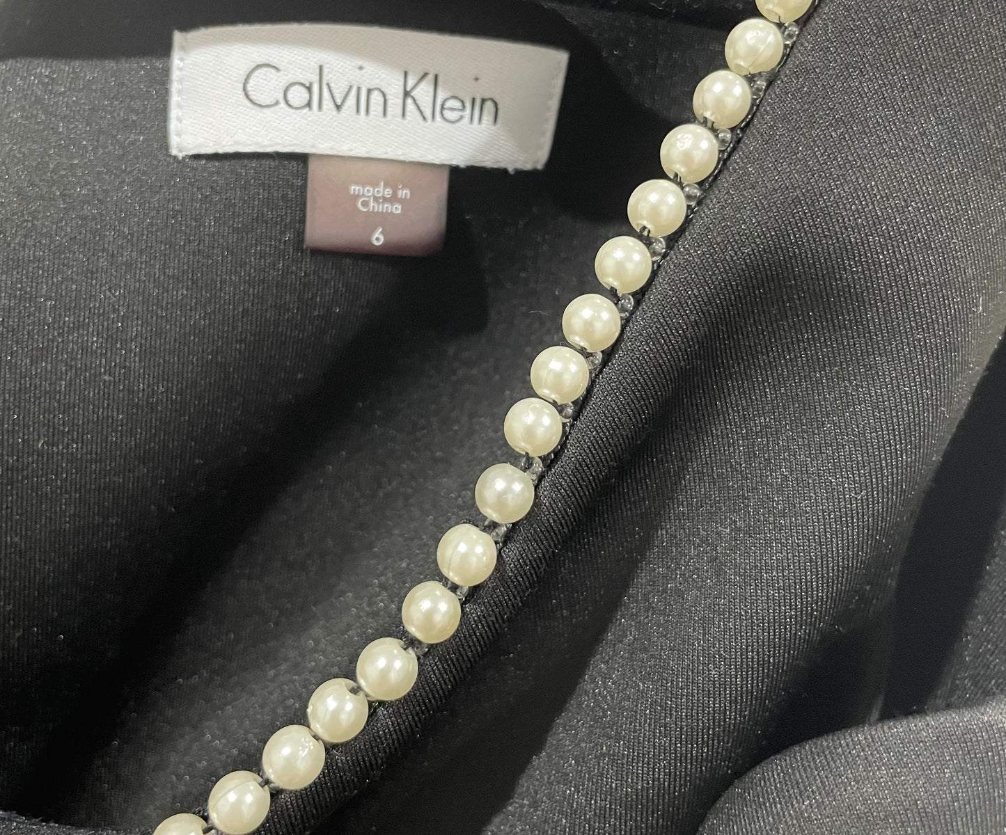 Calvin Klein Pearl Trim Sleeveless Black Sheath Midi Cocktail Dress Size 6 $139