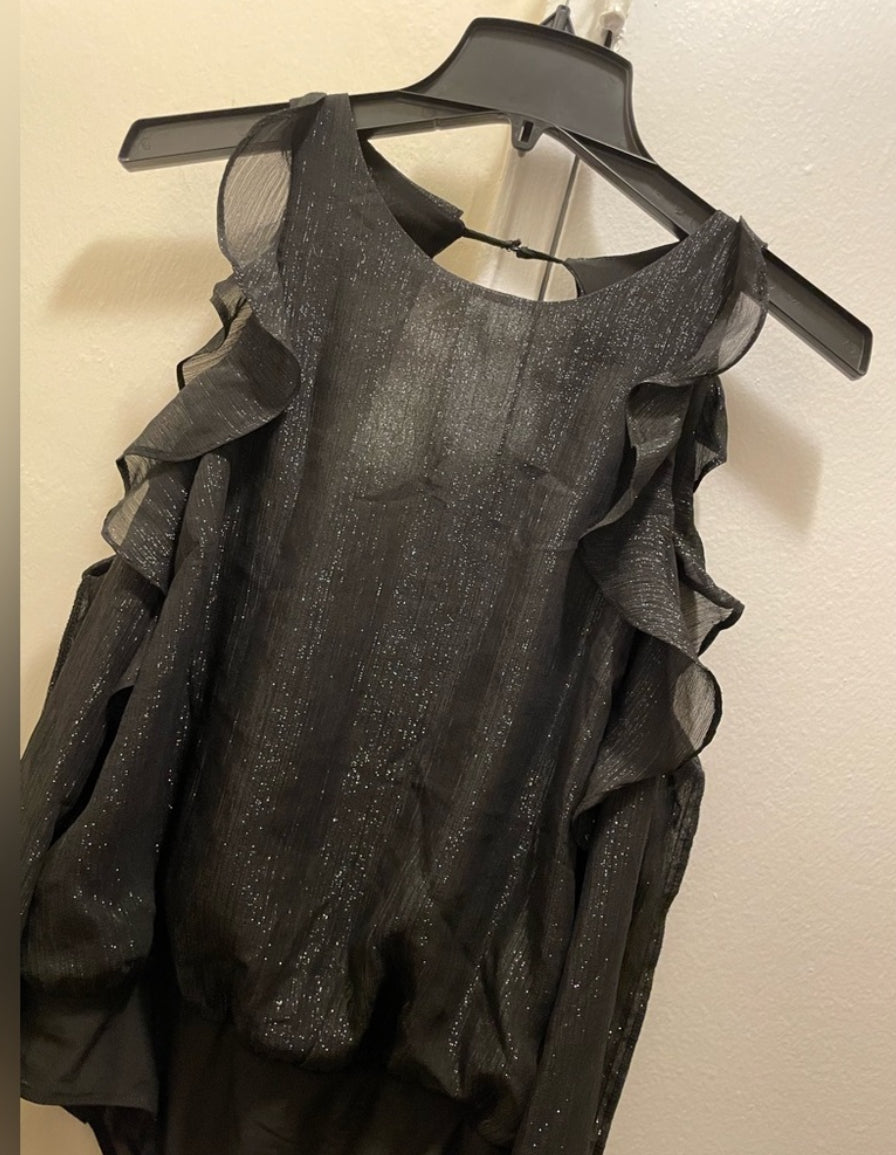 ASTR The Label Analesse Cold Shoulder Black Shimmer Bodysuit Top Sz Medium