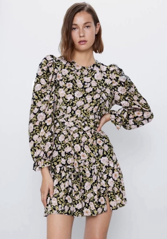 ZARA Floral Print Puff Sleeve Long Sleeve Mini Dress 8533/186 Size XS $70
