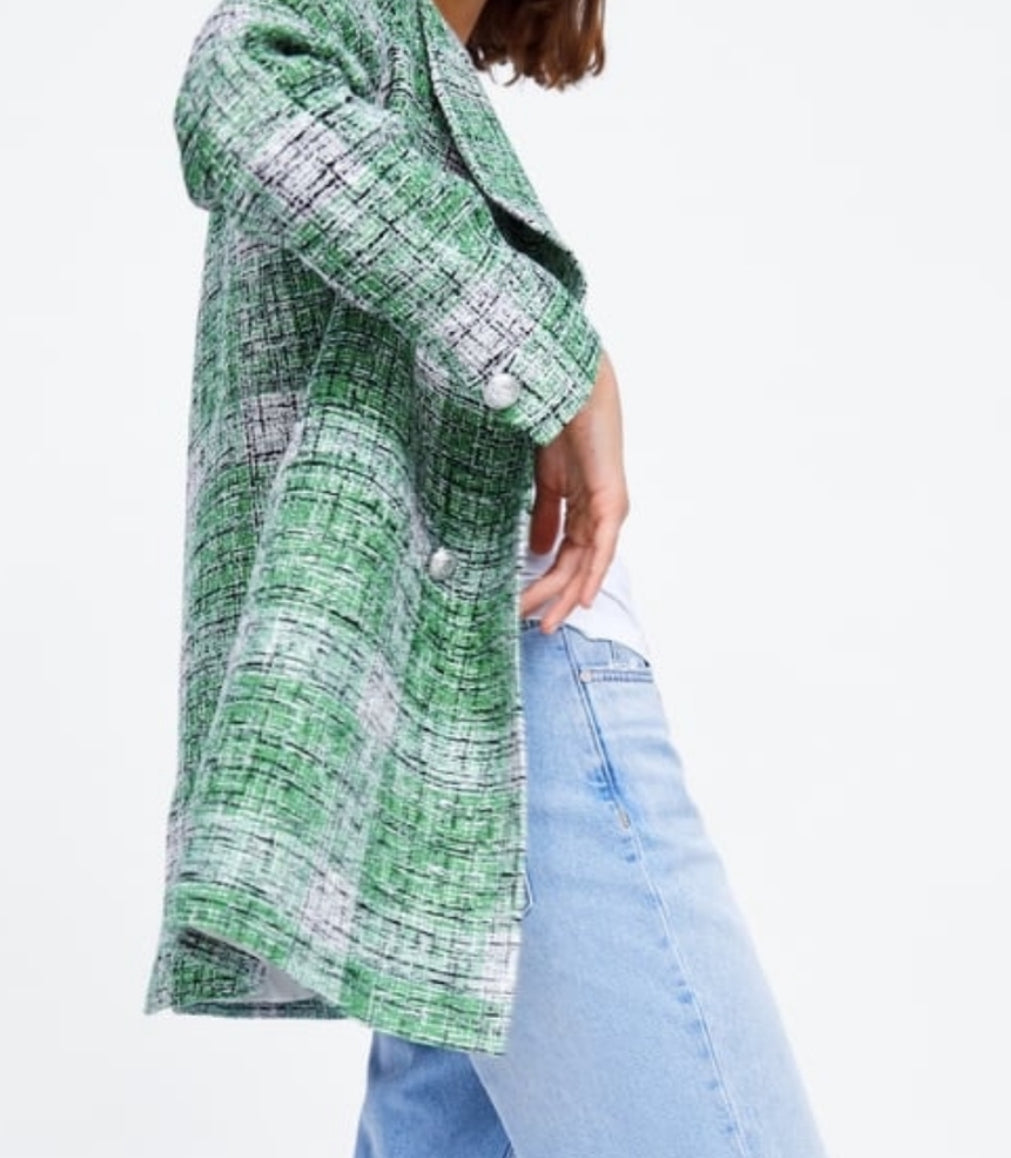 Zara Green Plaid Tweed Oversized Blazer Jacket Blogger’s Fave Size Small