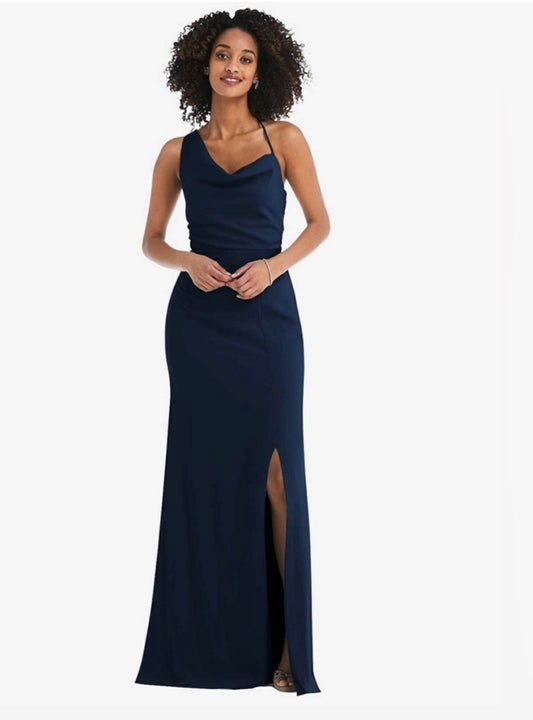NWT After Six One Shoulder Draped Cowl Neck Maxi Dress Slit Midnight Blue Sz 16