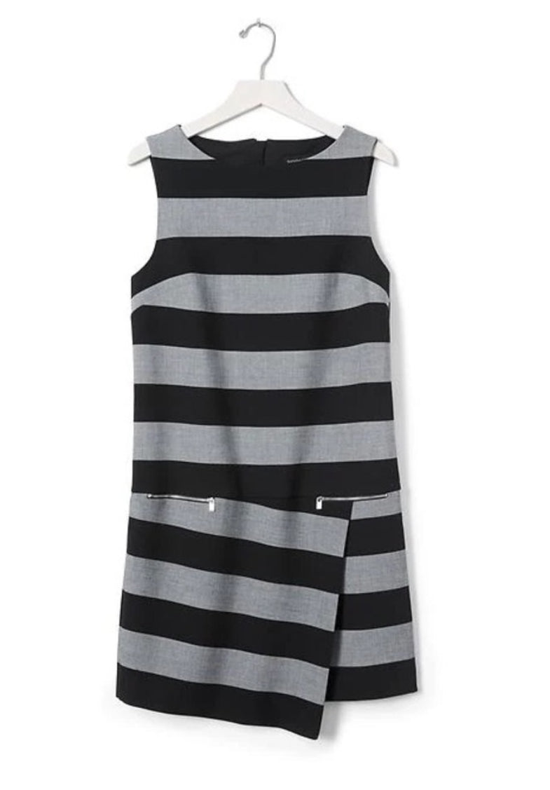 Banana Republic Black Gray Rugby Striped Asymmetric Mini Sheath Dress Sz 4 $140