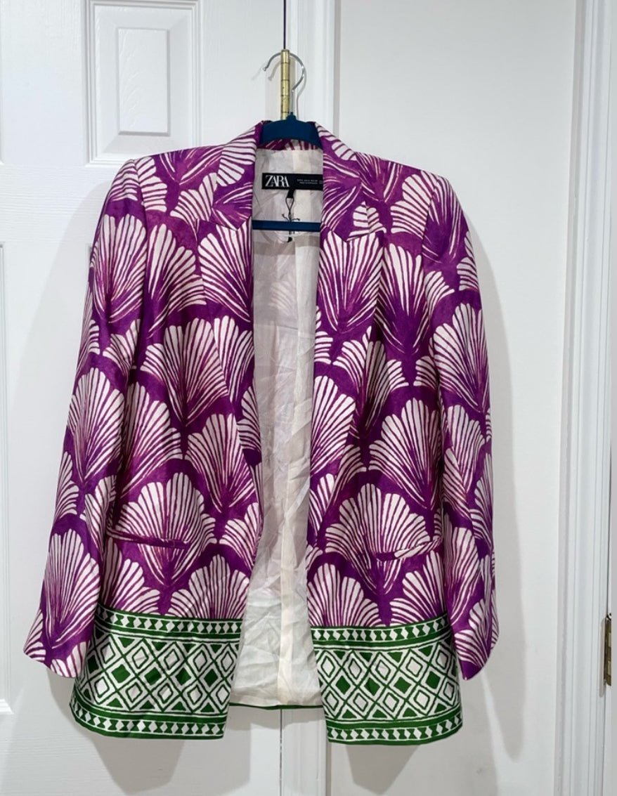 Zara Satin Effect Printed Blazer Purple Multicolor Blogger’s Favorite Size Small