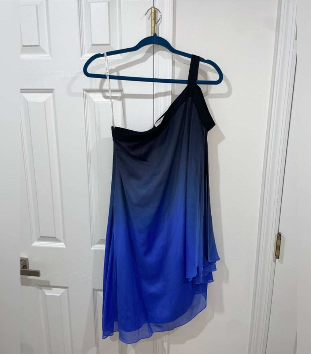 Halston Heritage Blue Ombré Chiffon Dress One Shoulder Size 8 $395