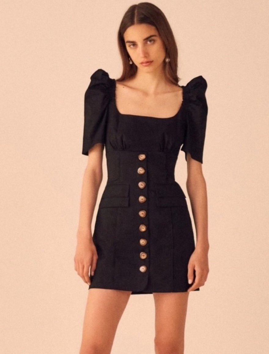 C/MEO Collective Subscribe Dress Black Puff Sleeve Mini Square Neck Size Medium
