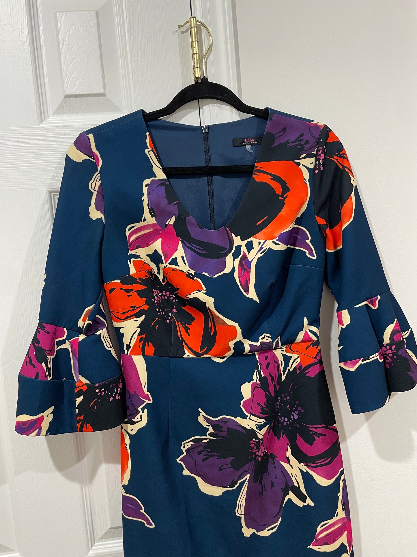 Trina Turk Mamie Blue Floral Bell Sleeve V-Neck Dress Size 0 $168