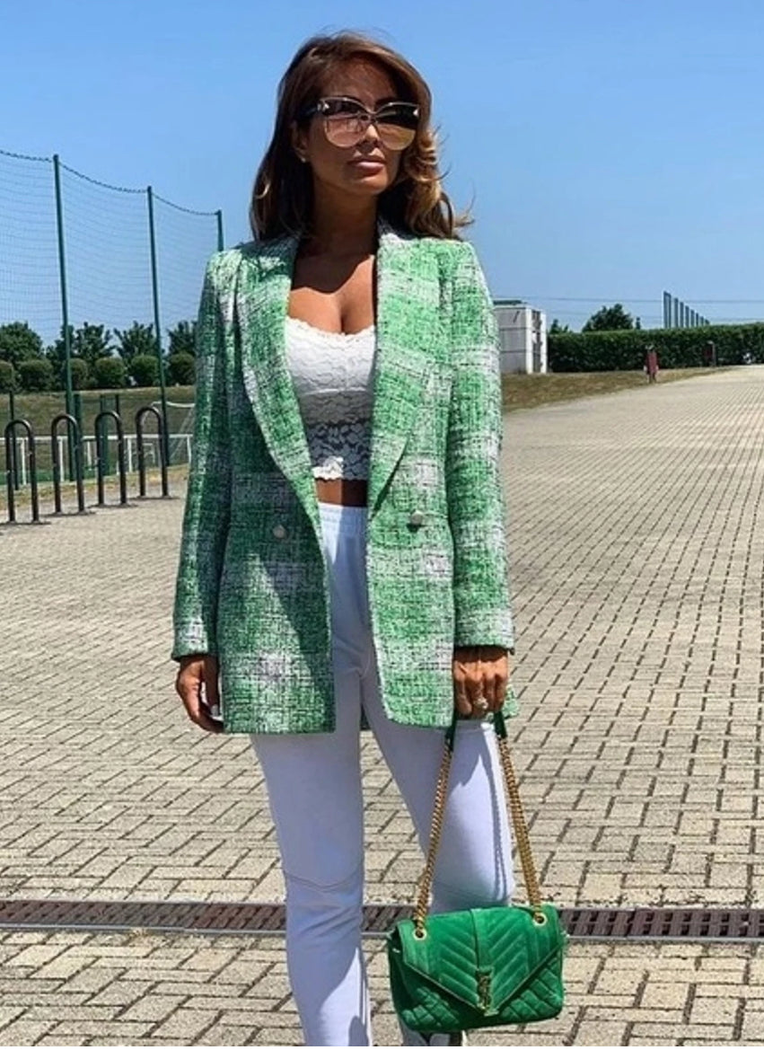 Zara Green Plaid Tweed Oversized Blazer Jacket Blogger’s Fave Size Small