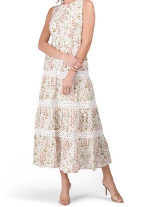 Melloday Tiered Floral Cutout Maxi Sleeveless Dress Eyelet Fit & Flare Size XS