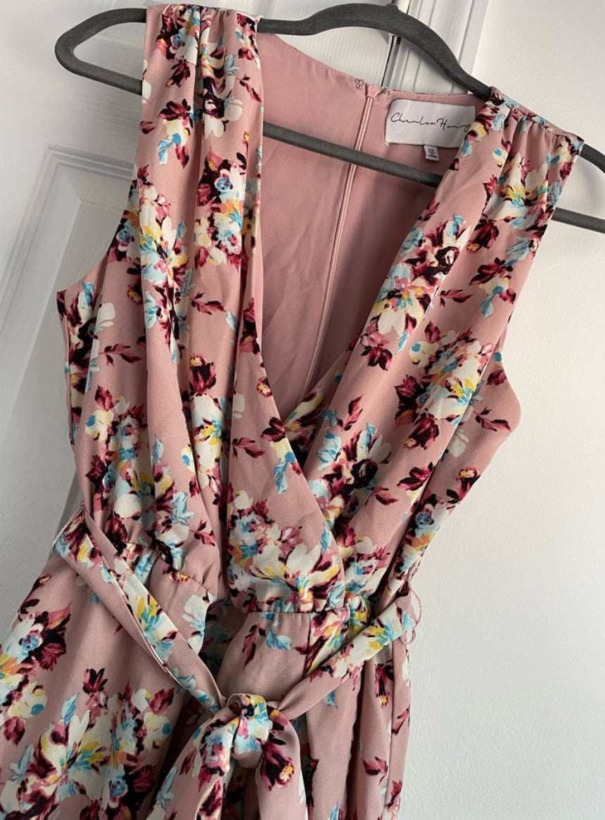 Charles Henry Blush Floral Sleeveless Faux Wrap Belted Mini Dress Size XS $88