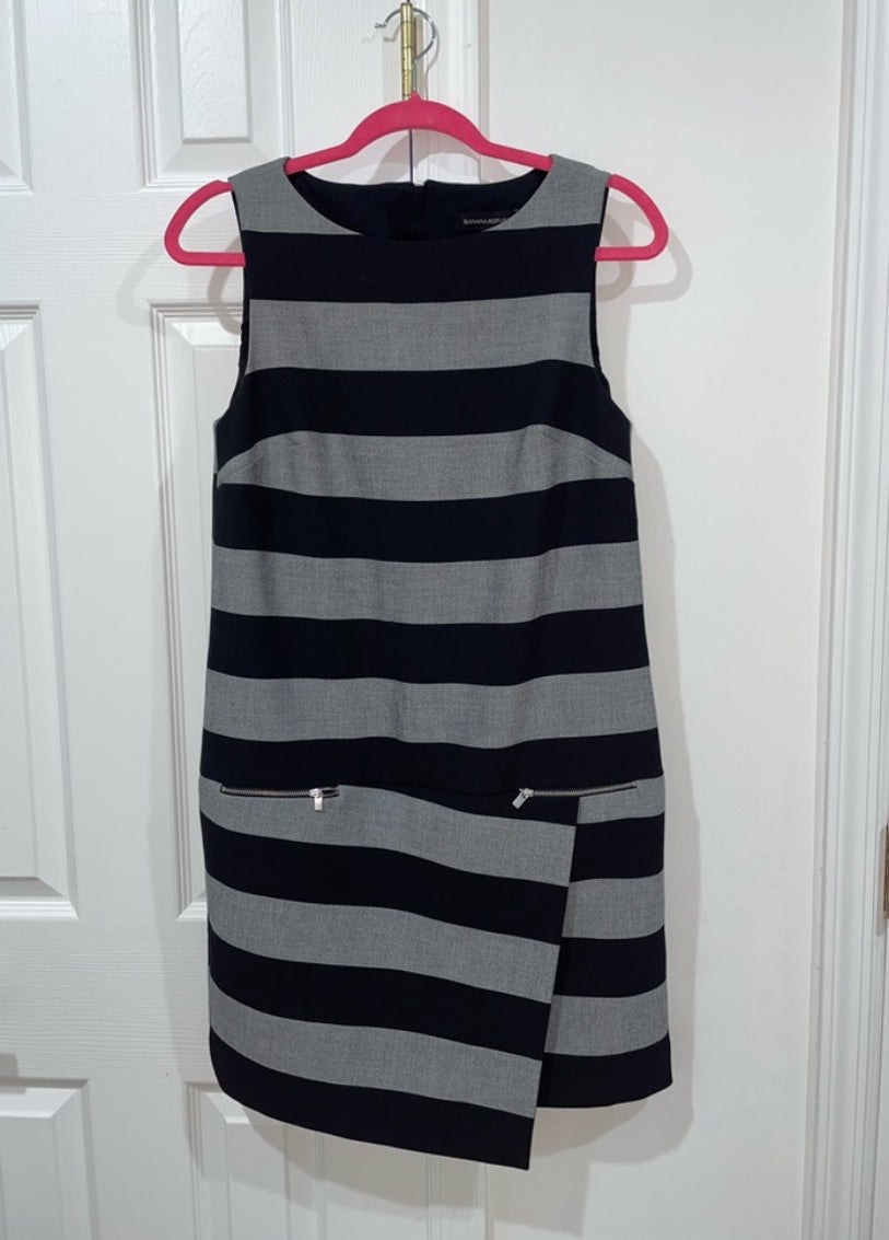 Banana Republic Black Gray Rugby Striped Asymmetric Mini Sheath Dress Sz 4 $140