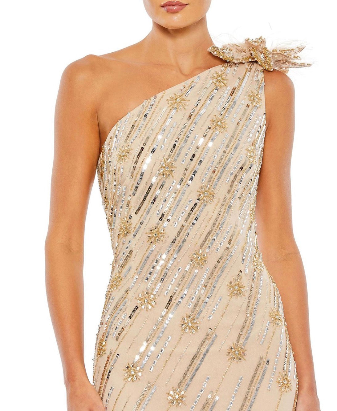 NWT Mac Duggal Nude/Gold Embellished Floral Gown One Shoulder Size 8 $498 93739