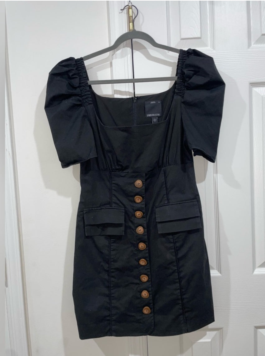 C/MEO Collective Subscribe Dress Black Puff Sleeve Mini Square Neck Size Medium