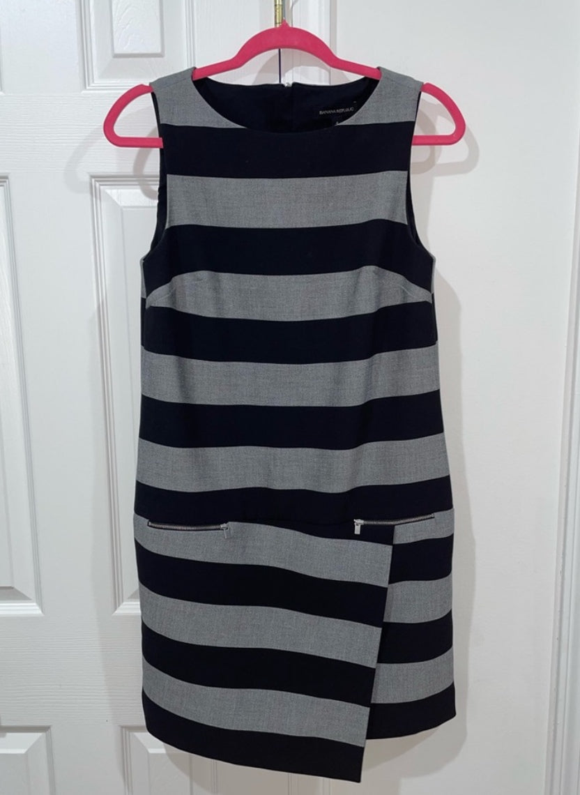 Banana Republic Black Gray Rugby Striped Asymmetric Mini Sheath Dress Sz 4 $140