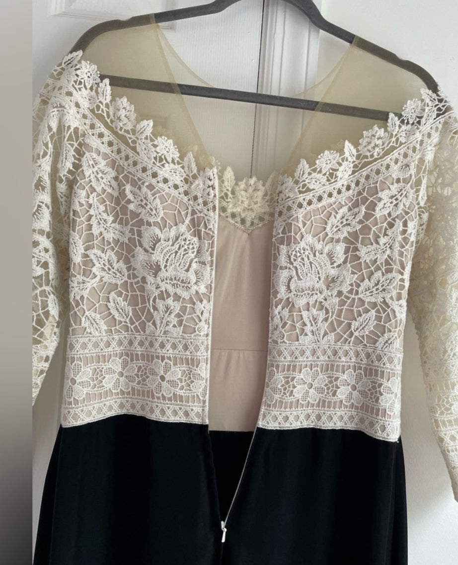 Tadashi Shoji Crochet Bodice Lace Gown Formal Dress Illusion Neckline Size 6