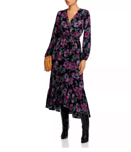 AQUA Long Sleeved V-Neck Fit & Flare Floral Wrap Maxi Dress Size Small