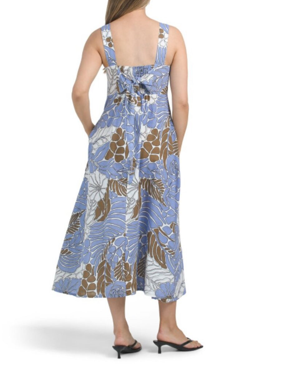 NWT Spighe Di Lino Linen Blend Made In Italy Midi Dress Periwinkle/Brown Size M