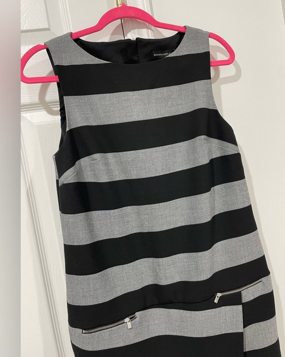 Banana Republic Black Gray Rugby Striped Asymmetric Mini Sheath Dress Sz 4 $140