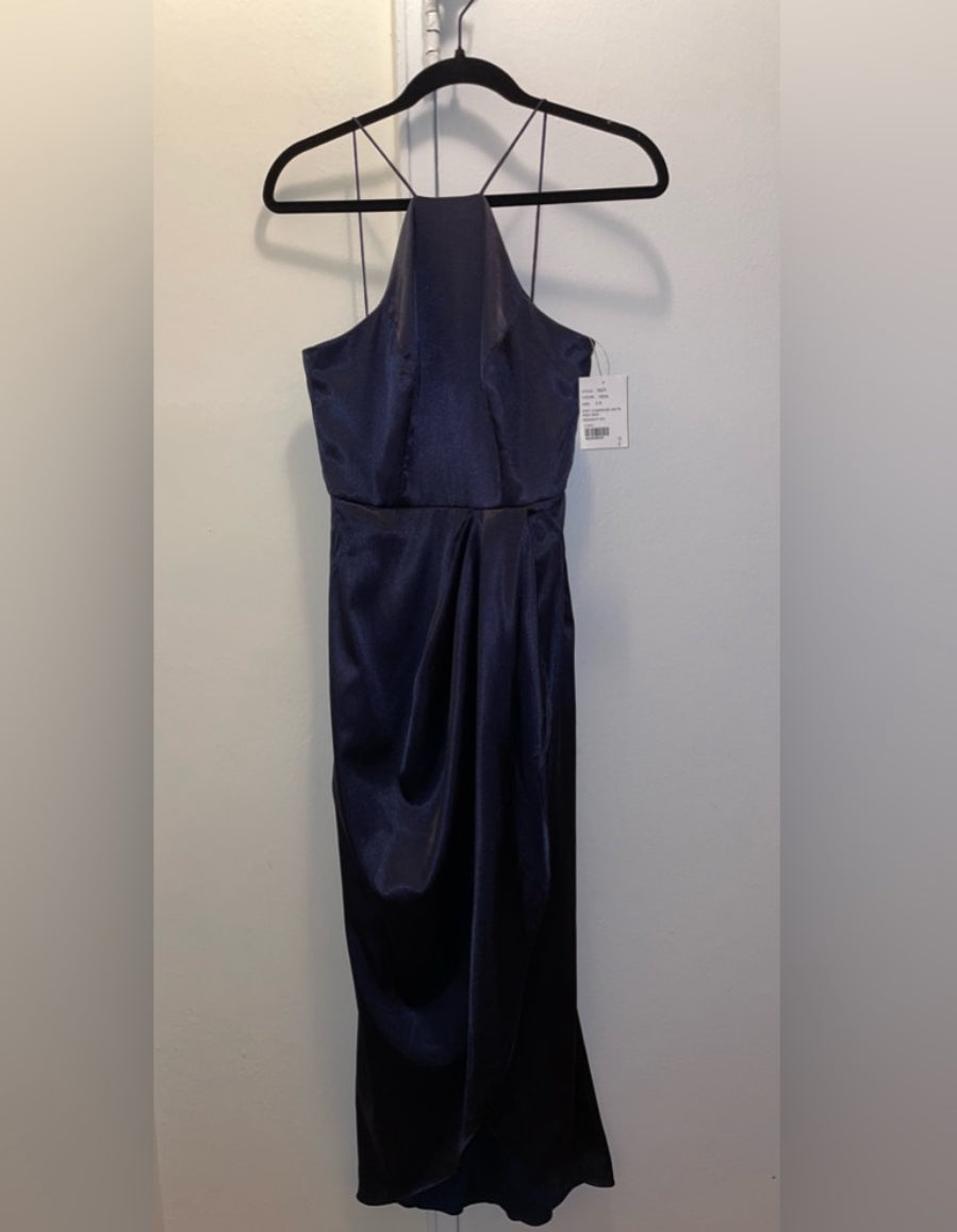After Six Midnight Blue Charmeuse Halter Midi Dress Draped Tulip Skirt Sz 0 NWT