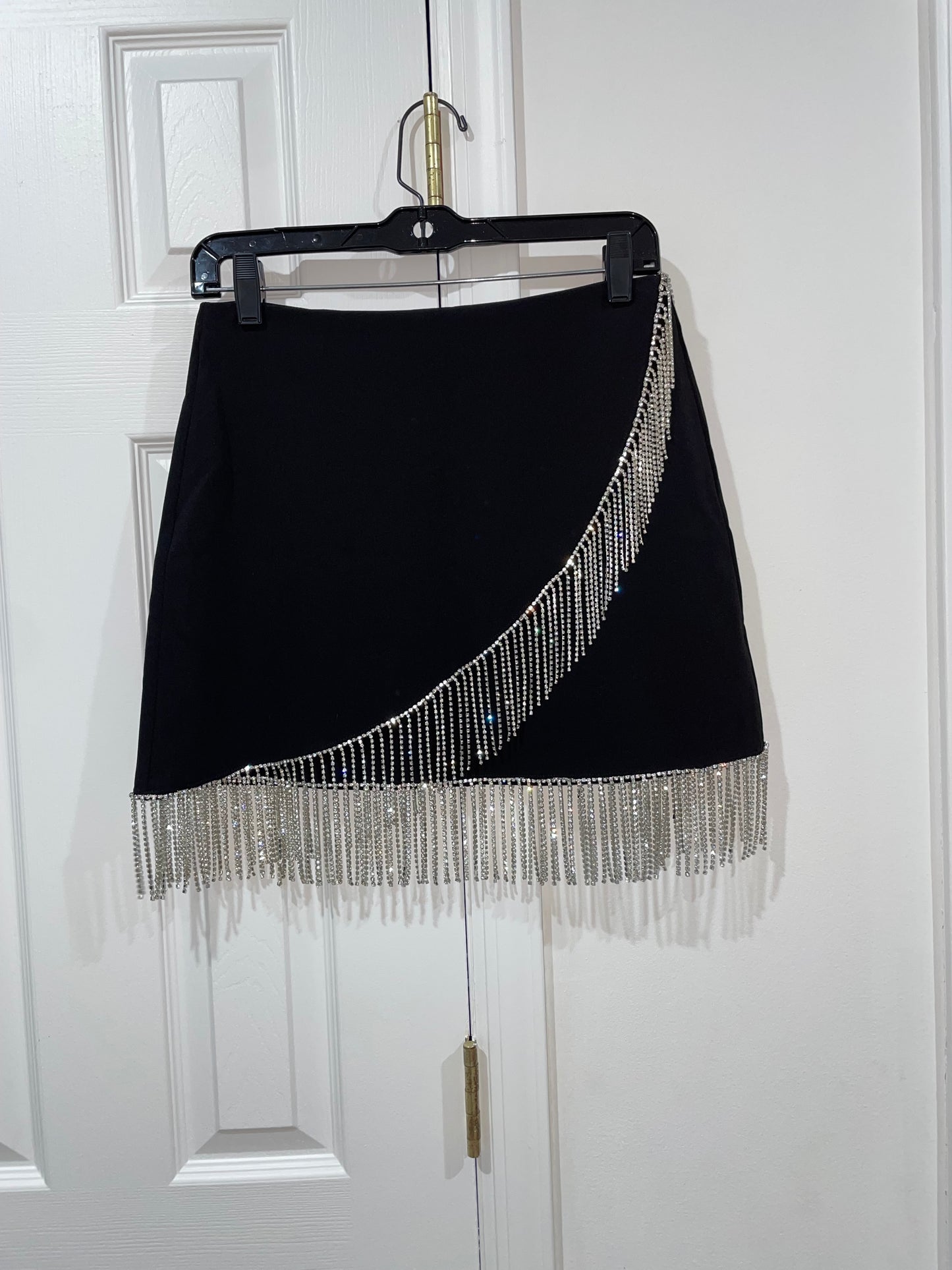 FORE Women's Rhinestone Fringe Black Mini Skirt Size Small $98