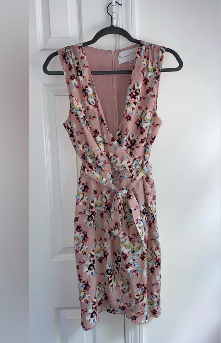 Charles Henry Blush Floral Sleeveless Faux Wrap Belted Mini Dress Size XS $88