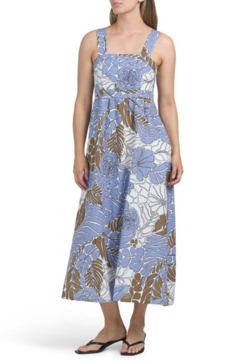 NWT Spighe Di Lino Linen Blend Made In Italy Midi Dress Periwinkle/Brown Size M