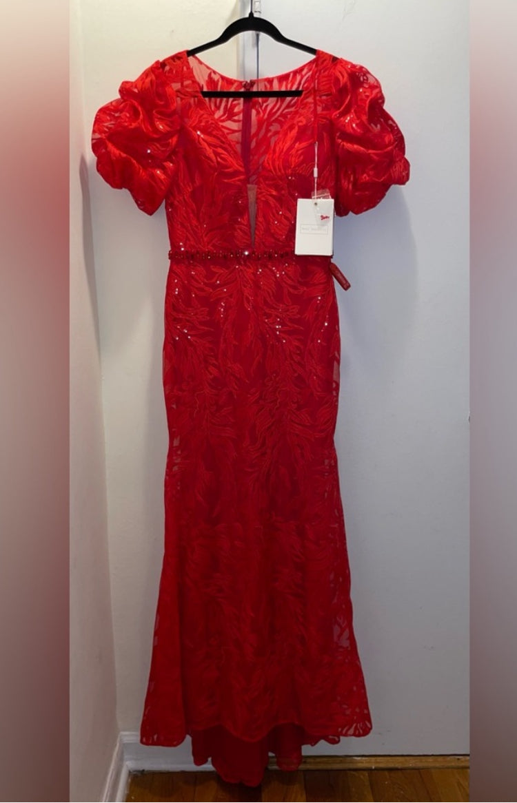 NWT MAC DUGGAL 12421 Red Embellished Puff Sleeve Plunge Neck Trumpet Gown Size 8