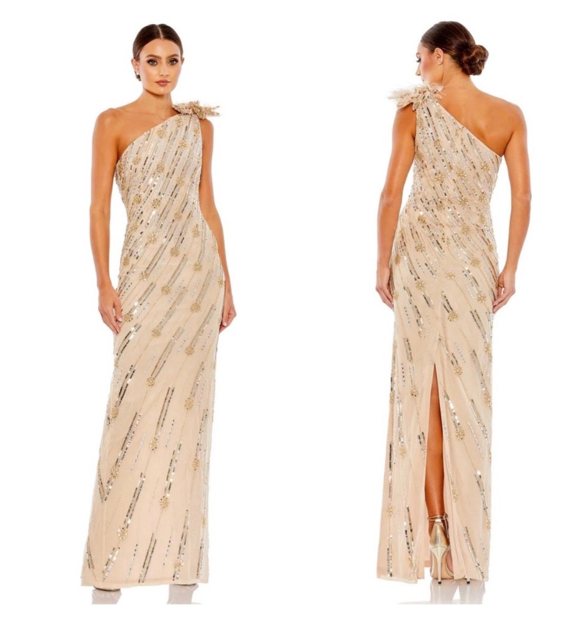 NWT Mac Duggal Nude/Gold Embellished Floral Gown One Shoulder Size 8 $498 93739